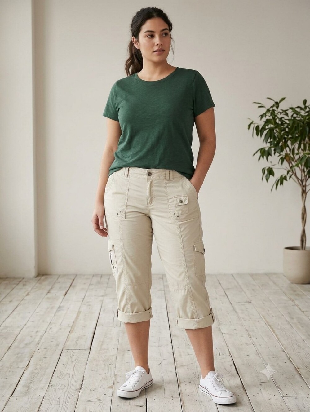 Khakis & Co. Beige Stretch Cotton Capri Cargo Pants - Size 14 - Excellent Condit